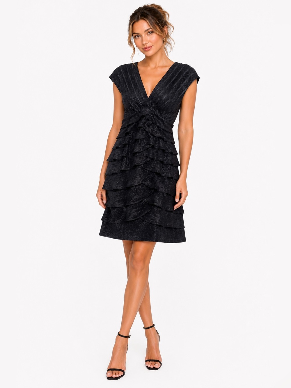 Adrianna Papell Size 12 Elegant Black V-Neck Tiered Ruffle Dress
